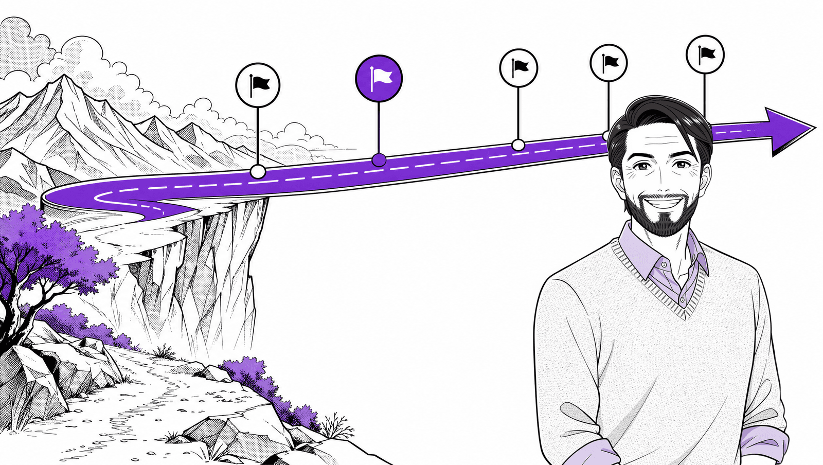 Marek from the Sageo team beside a purple stage-by-stage timeline
