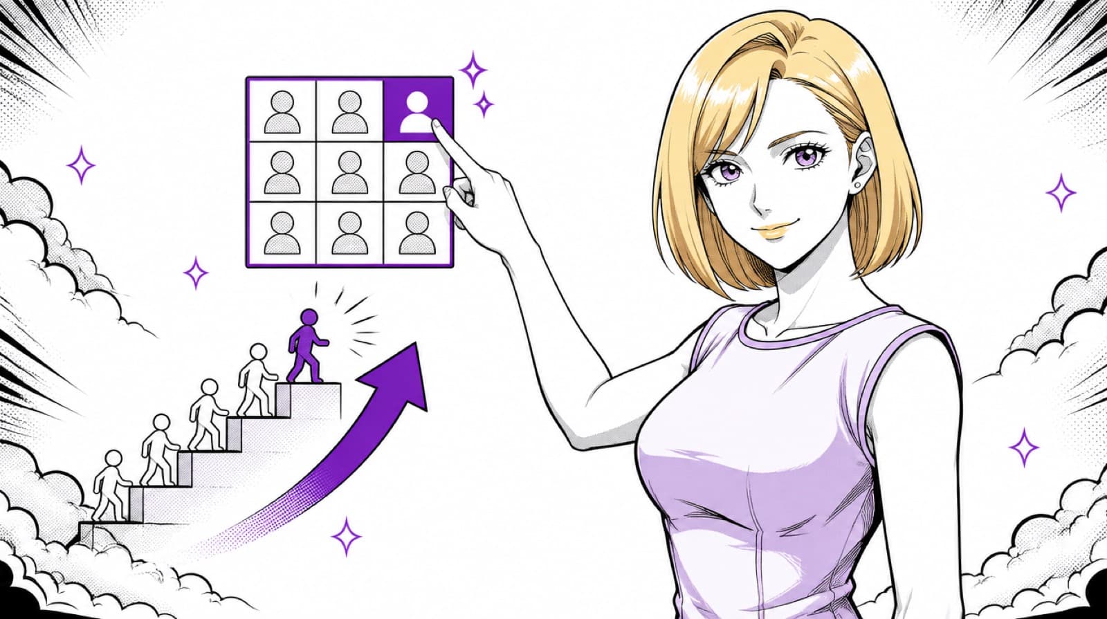 A people leader placing a star performer in the top cell of a nine-box talent grid, beside a talent pipeline and a development path