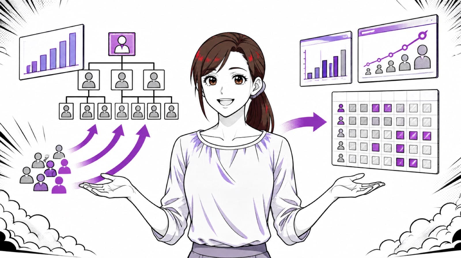 A people leader weighing an org chart and talent pipeline against a headcount planning grid and workforce forecast dashboards