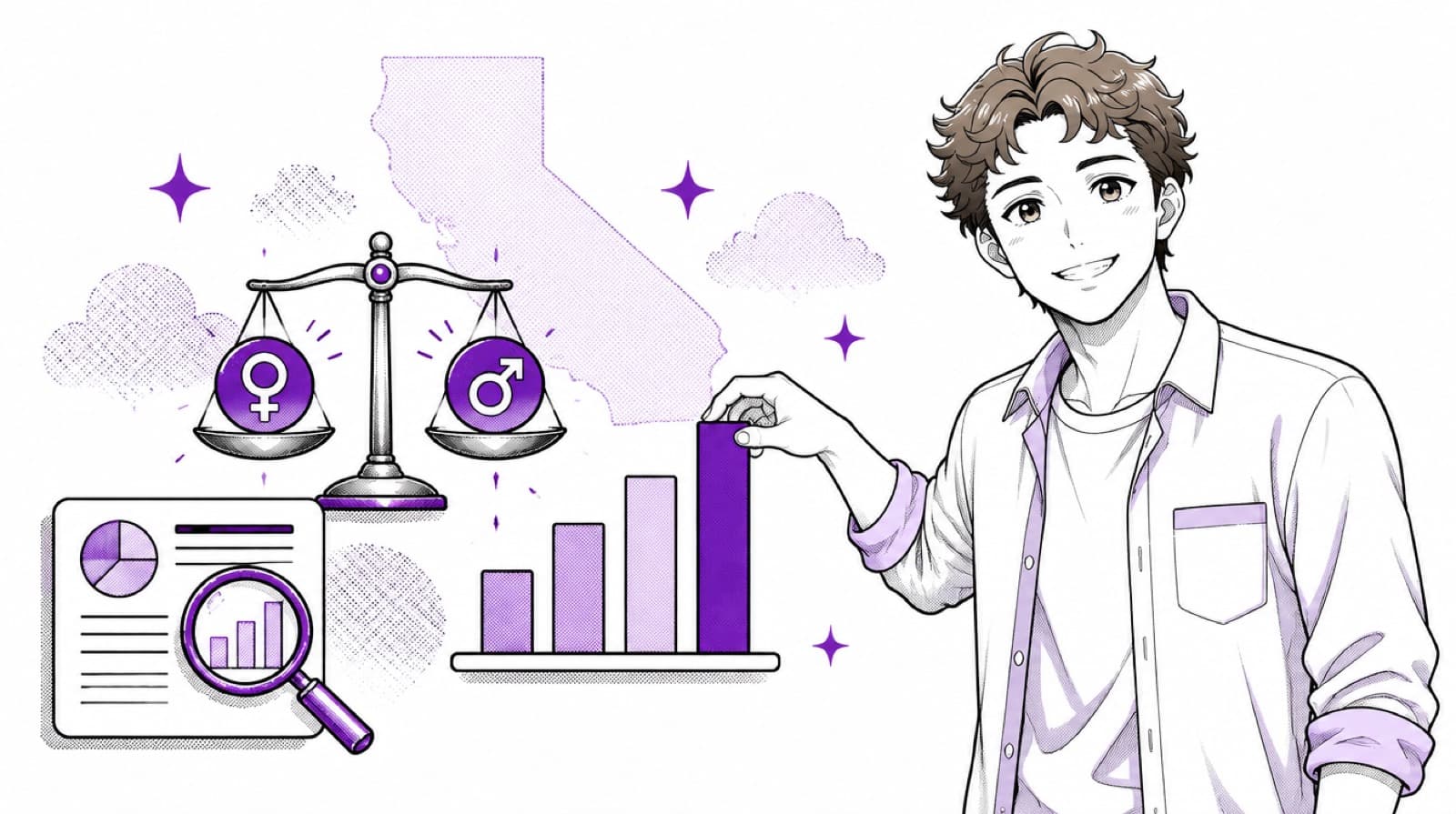A people leader presenting a California pay-equity scene: a balance scale, pay-band bars, and a pay data report under a magnifier, set against an abstract outline of California