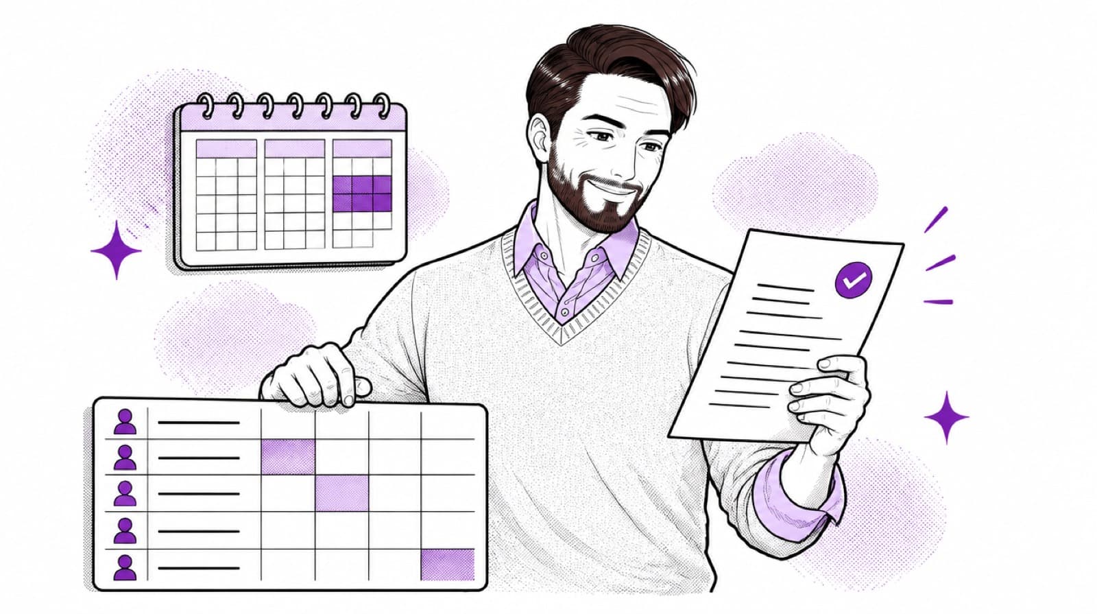 A people leader presenting an EEO-1 reporting scene: a workforce grid sorted into job-category rows and demographic columns, a headcount snapshot calendar marked October to December, and a federal filing document under review.