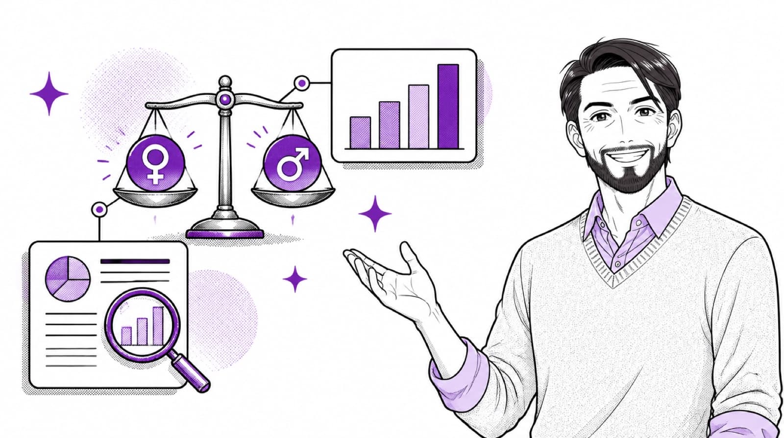 A people leader presenting a pay-equity scene: a balance scale weighing a female and a male symbol, pay-band bars, and a pay report under a magnifier
