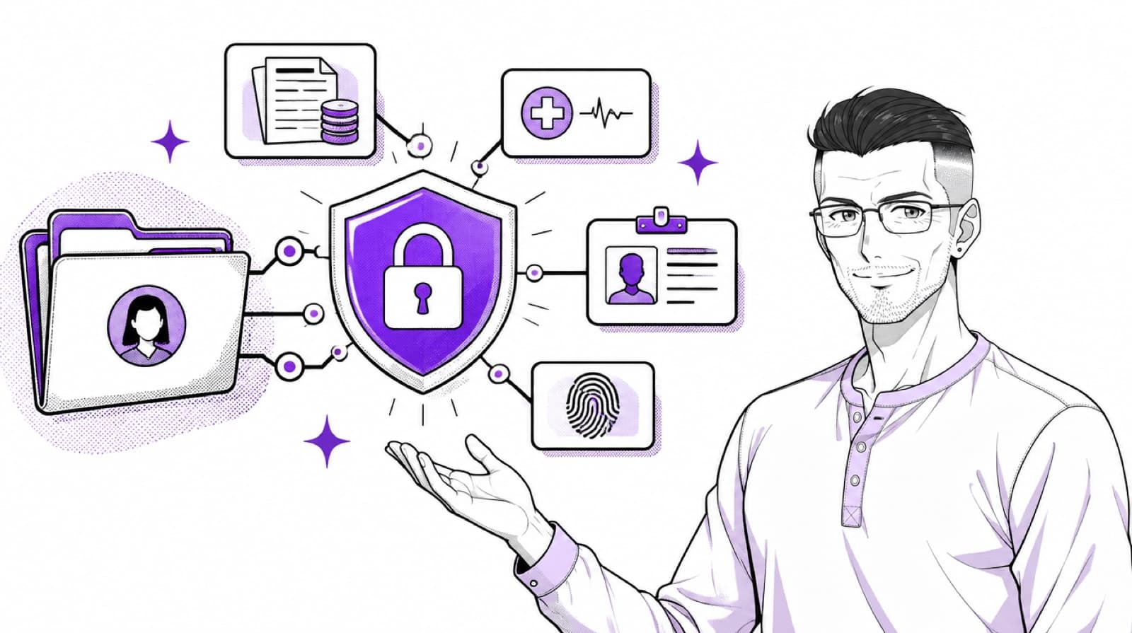 A people leader presenting employee-data protections, with a personnel folder feeding payslip, health, ID and fingerprint cards into a shielded lock