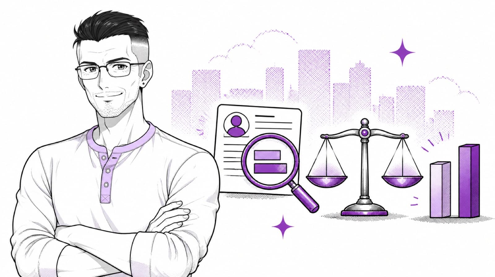 A people leader presenting a New York pay-equity scene: a balance scale, pay-band bars, and a job advertisement showing a salary range under a magnifier, set against an abstract New York skyline