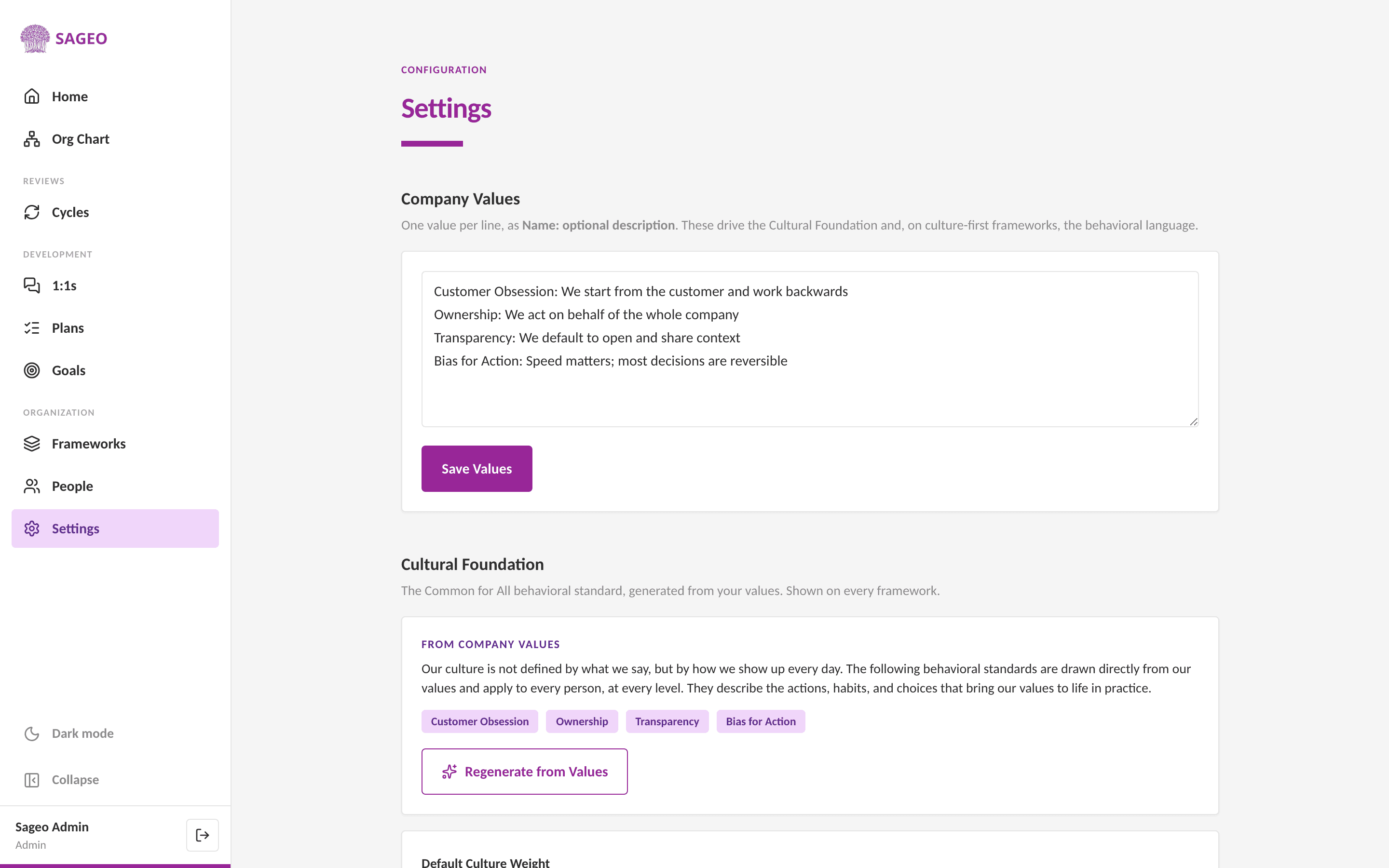 Sageo's cultural foundation screen turning company values into measurable behaviours