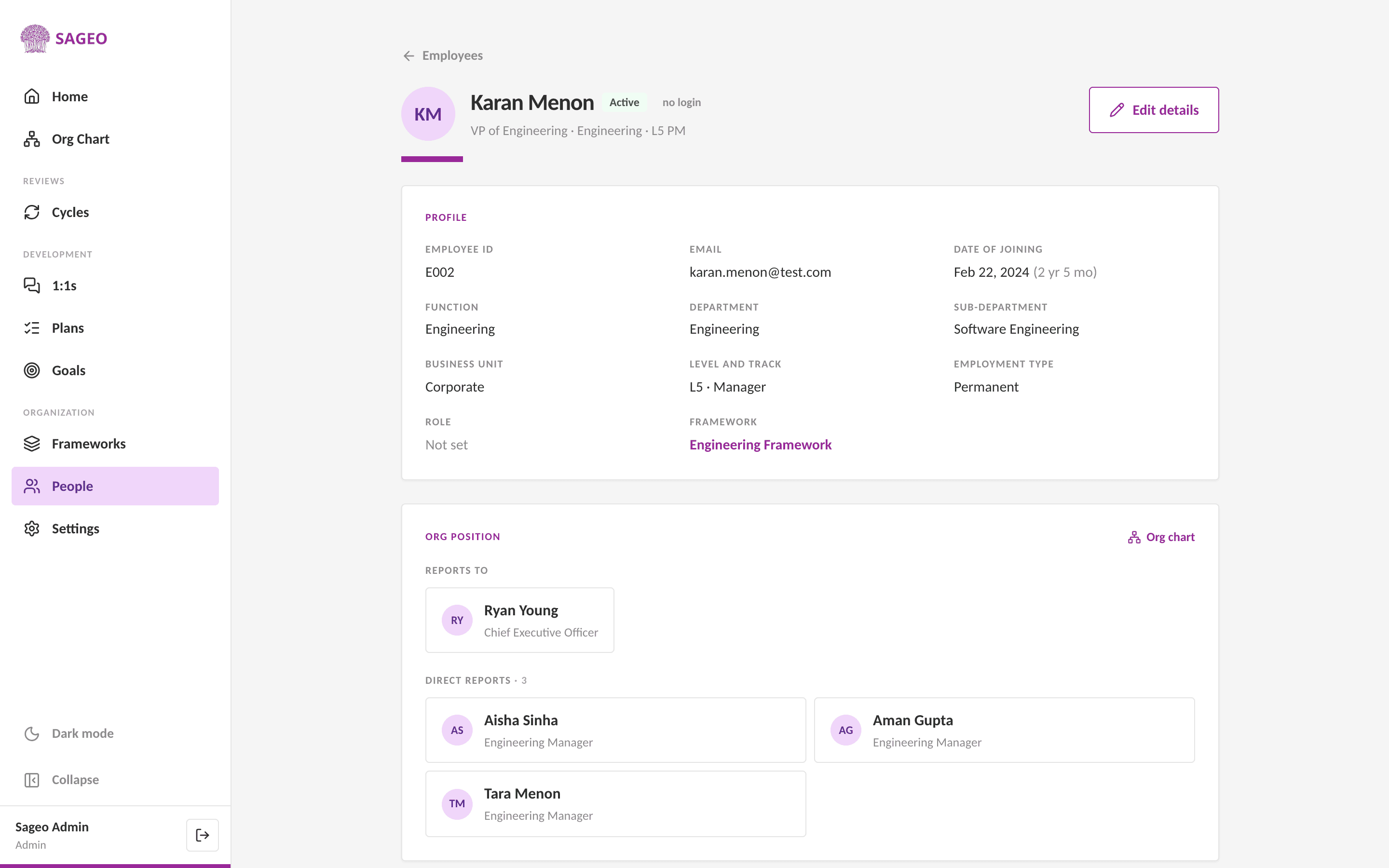 An employee record in Sageo spanning performance, growth and 1:1s