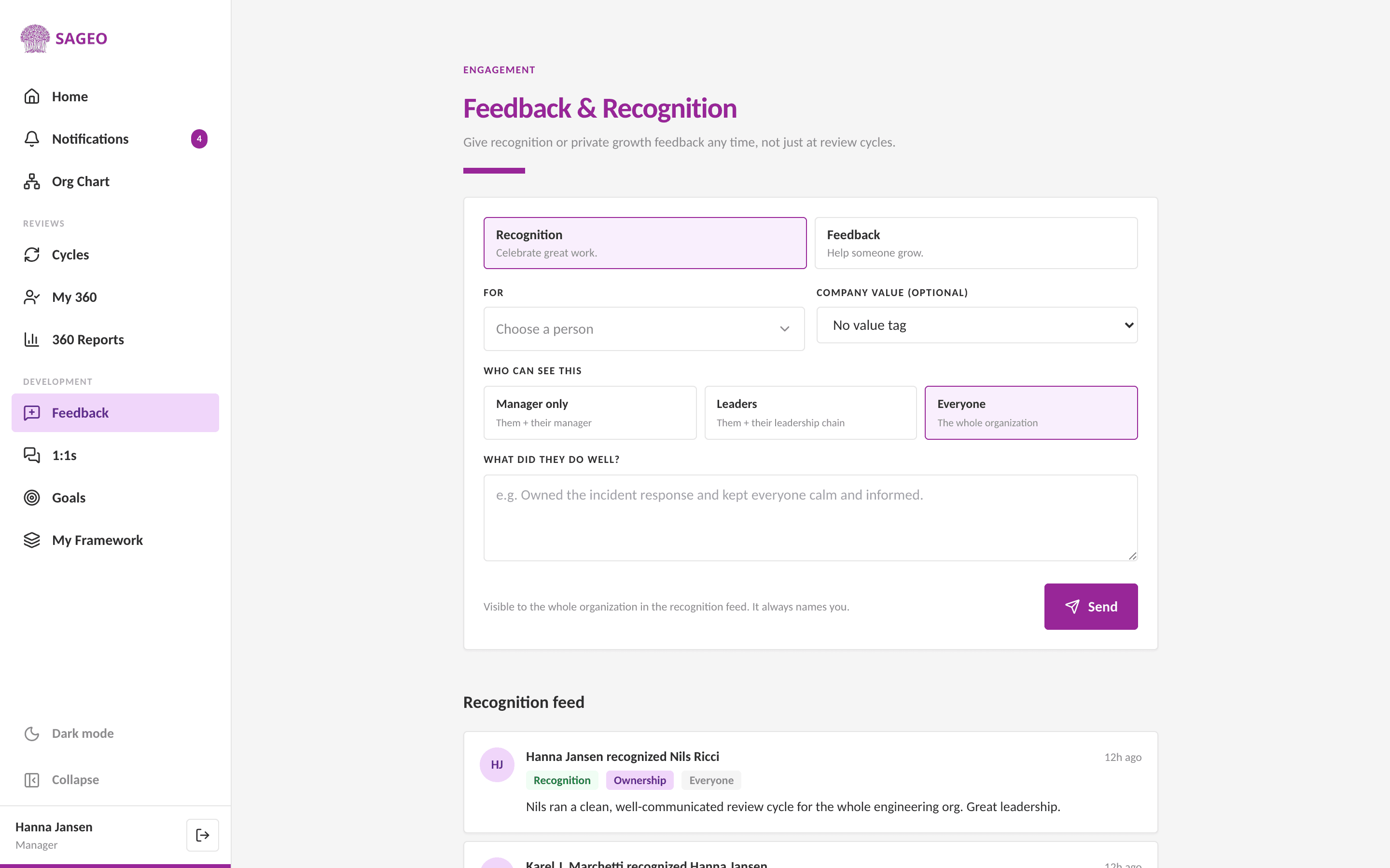Feedback & Recognition in Sageo