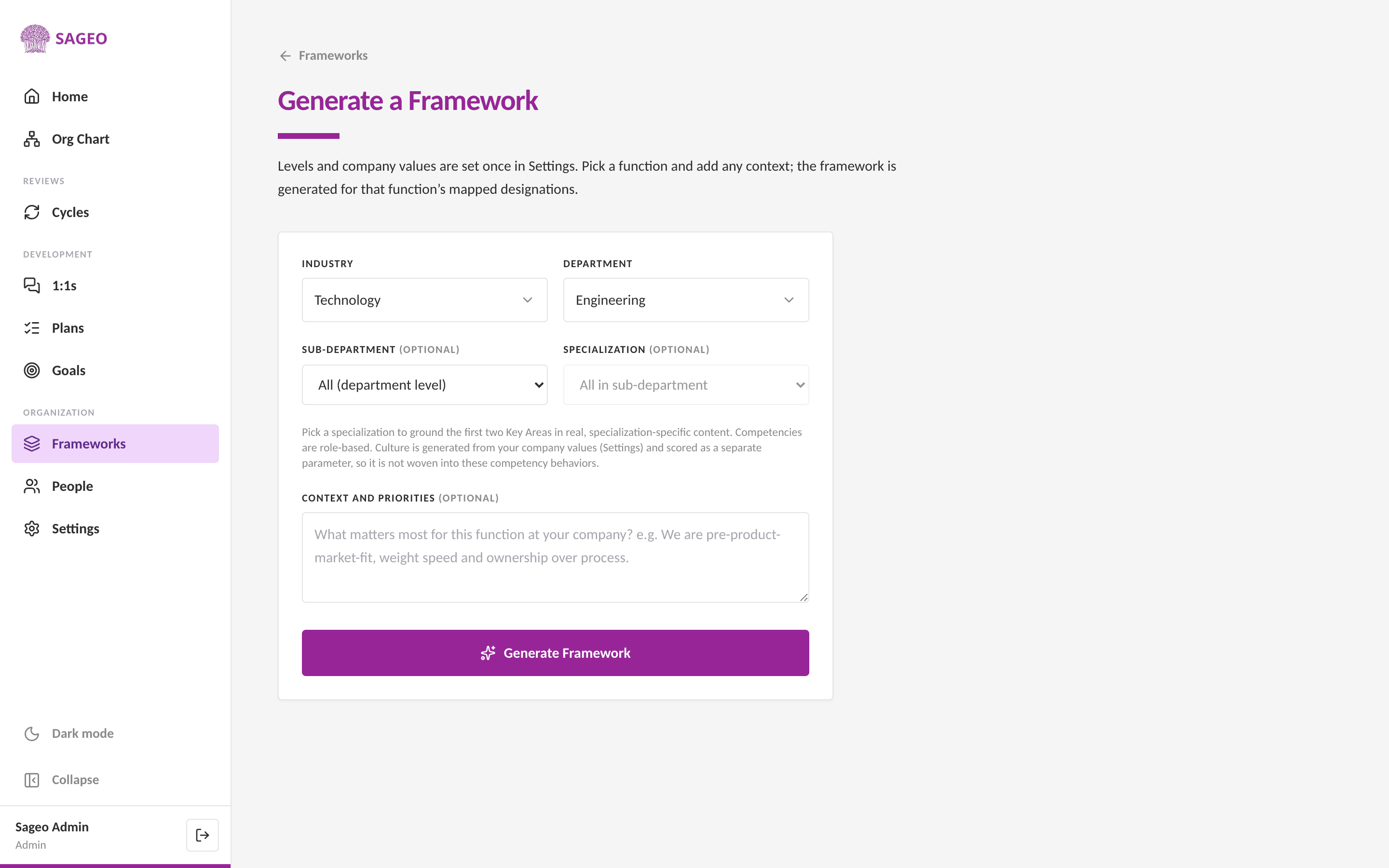 Sageo's AI generating a competency framework from company values