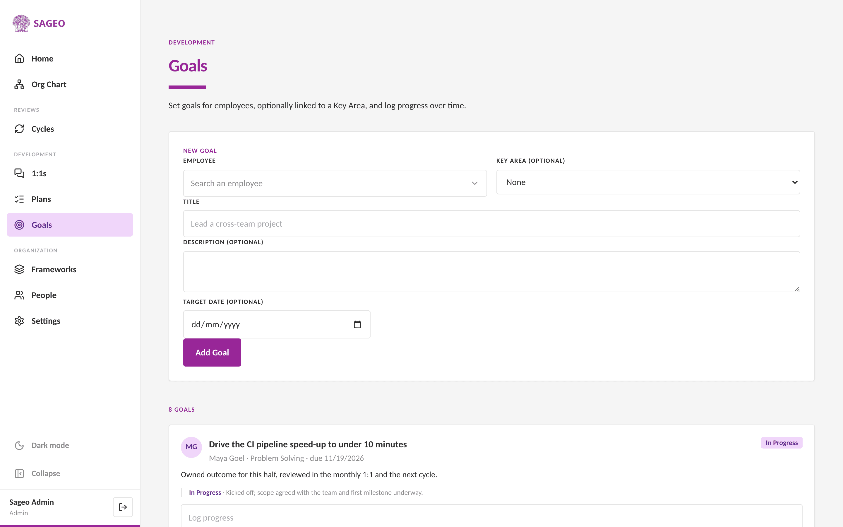 Goal and OKR tracking in Sageo