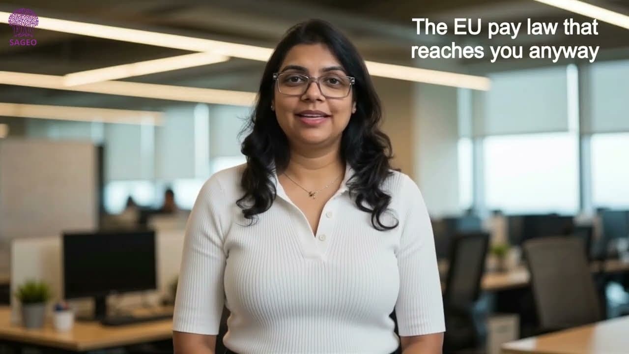 Deepti Gupta presenting the EU Pay Transparency Directive series, with the on-screen title “The EU pay law that reaches you anyway”