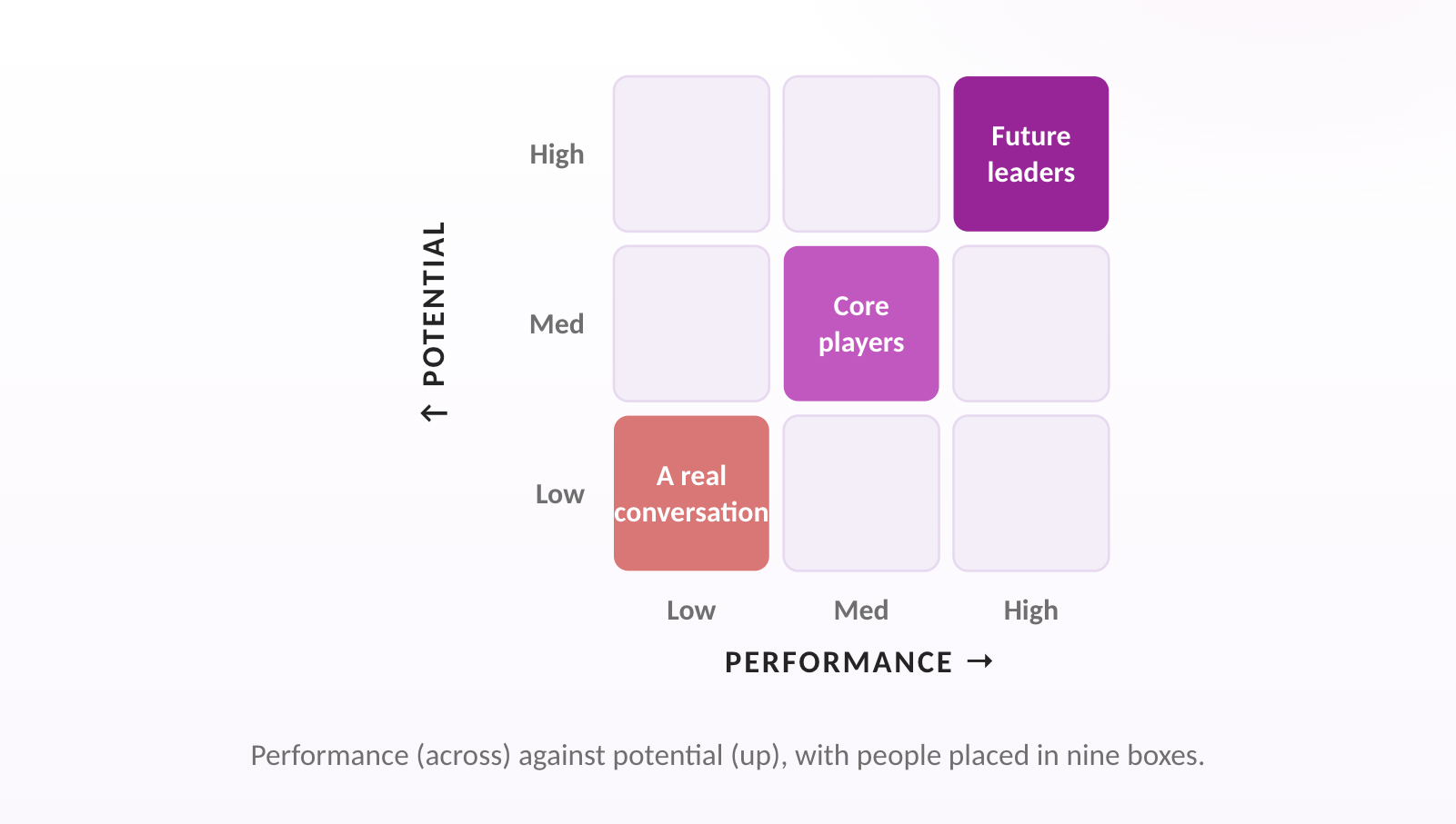 Performance (across) against potential (up), with people placed in nine boxes.