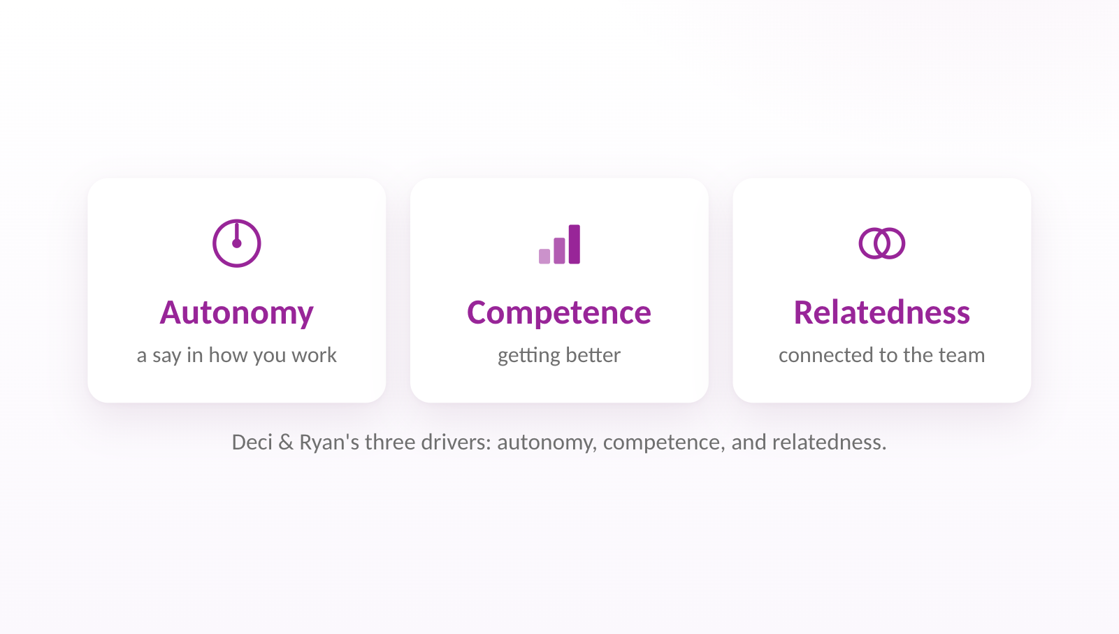 Deci & Ryan's three drivers: autonomy, competence, and relatedness.
