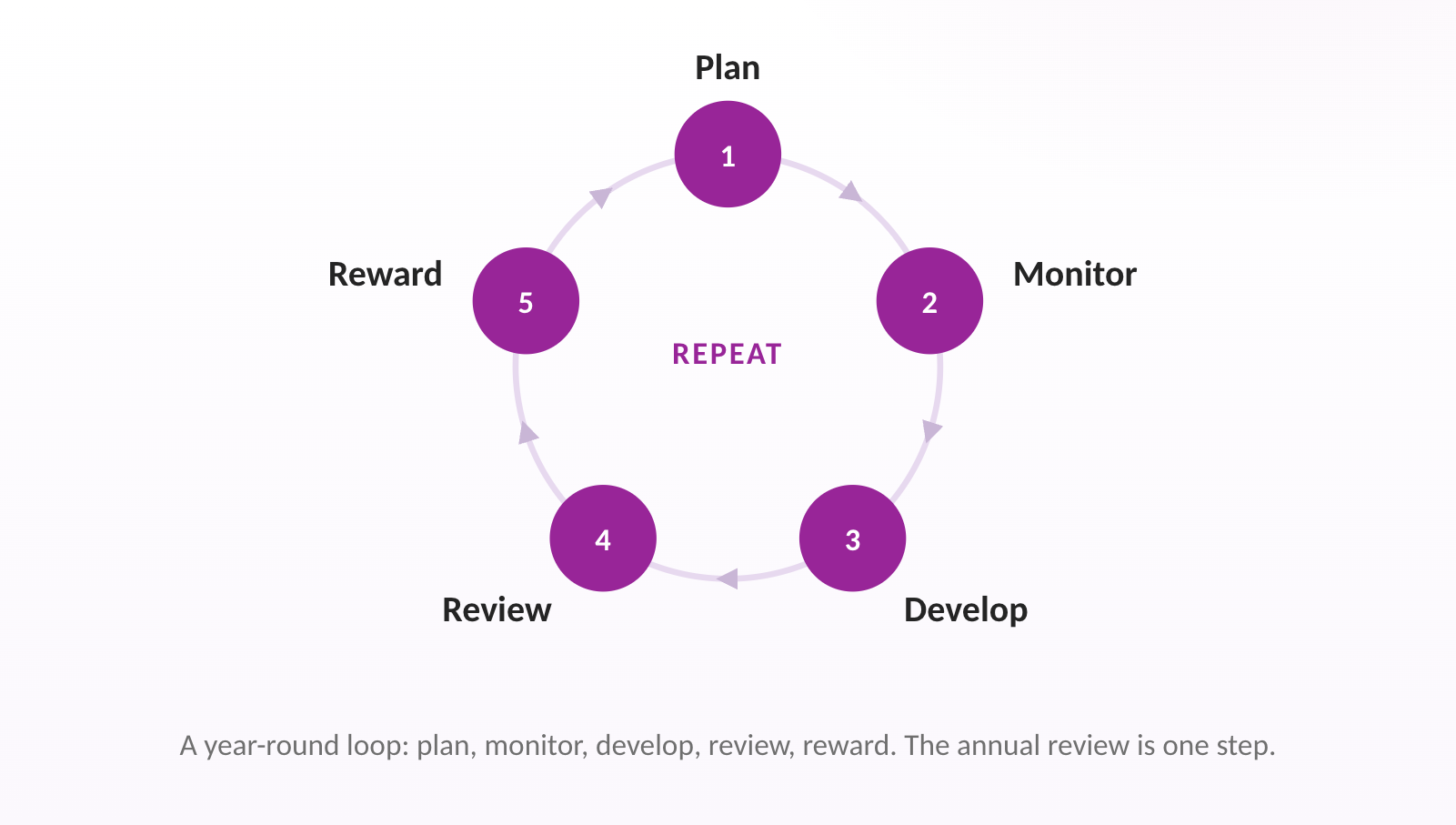 A year-round loop: plan, monitor, develop, review, reward. The annual review is one step.